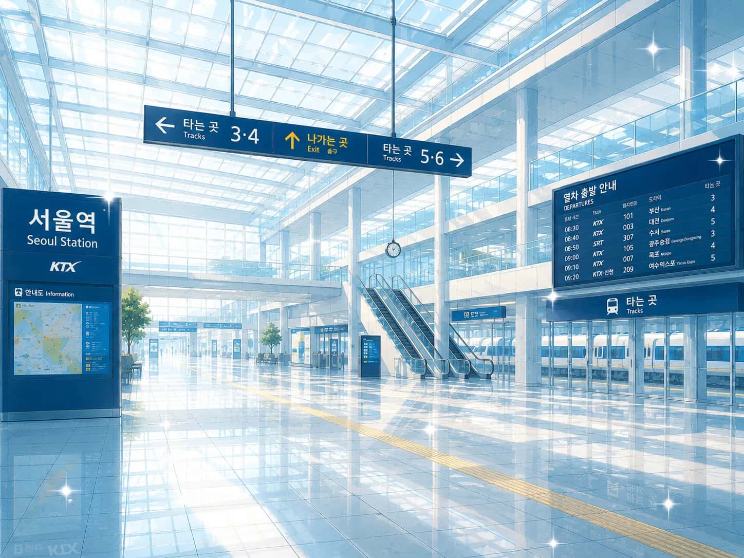 Pristine, brightly lit Korean railway station concourse with spotless floors and modern departure boards