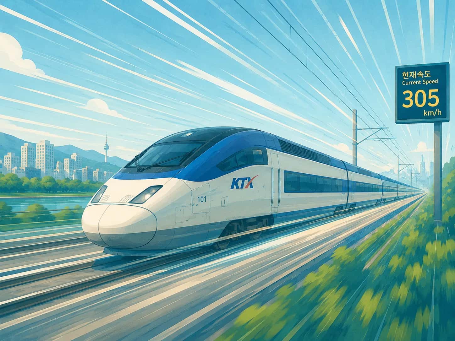 Korean KTX 305 high-speed train zooming through the countryside, illustrating top speeds of around 300 km/h