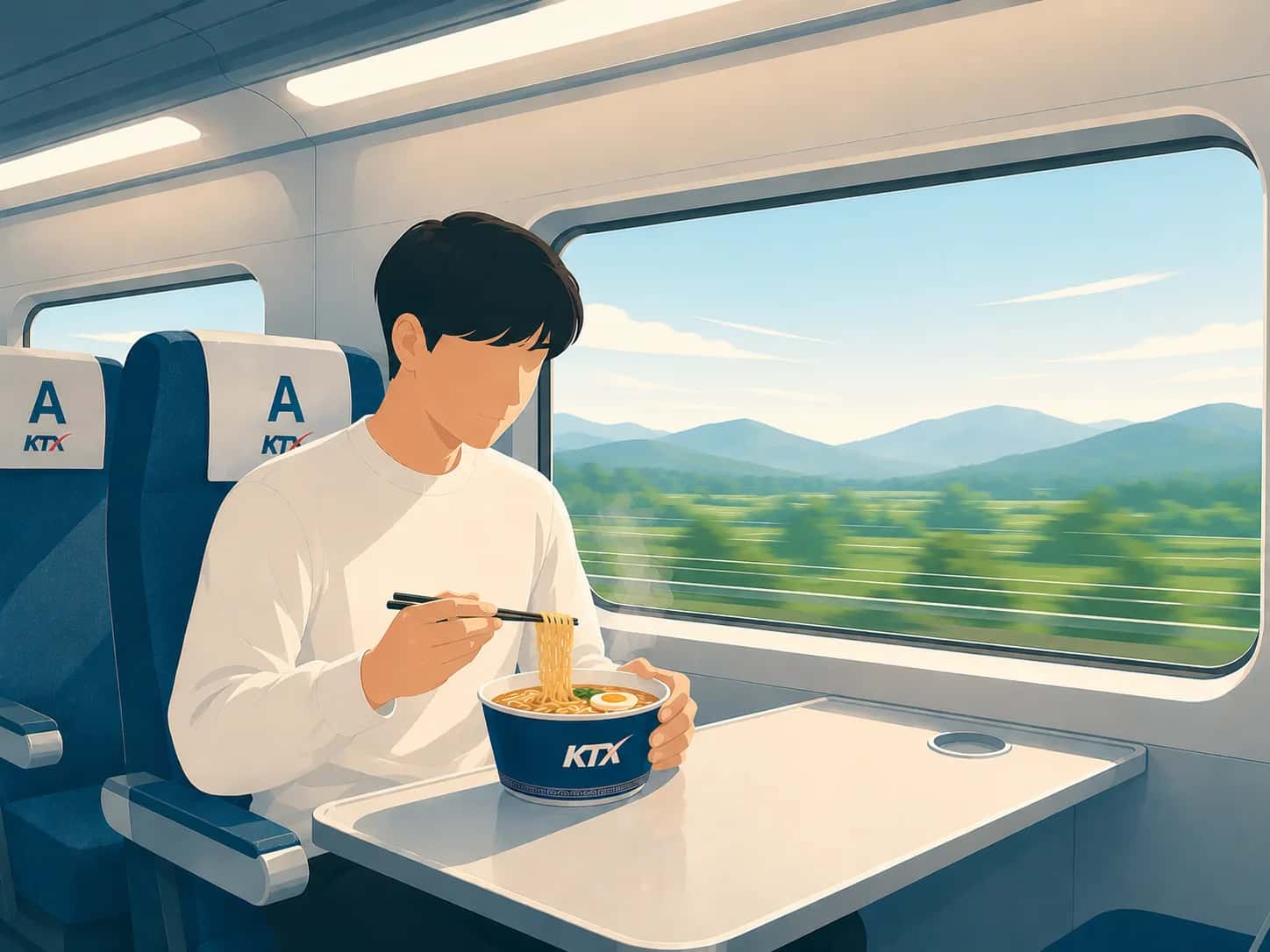 Korean train passenger enjoying a packed lunch and snacks at their seat on a KTX high-speed train