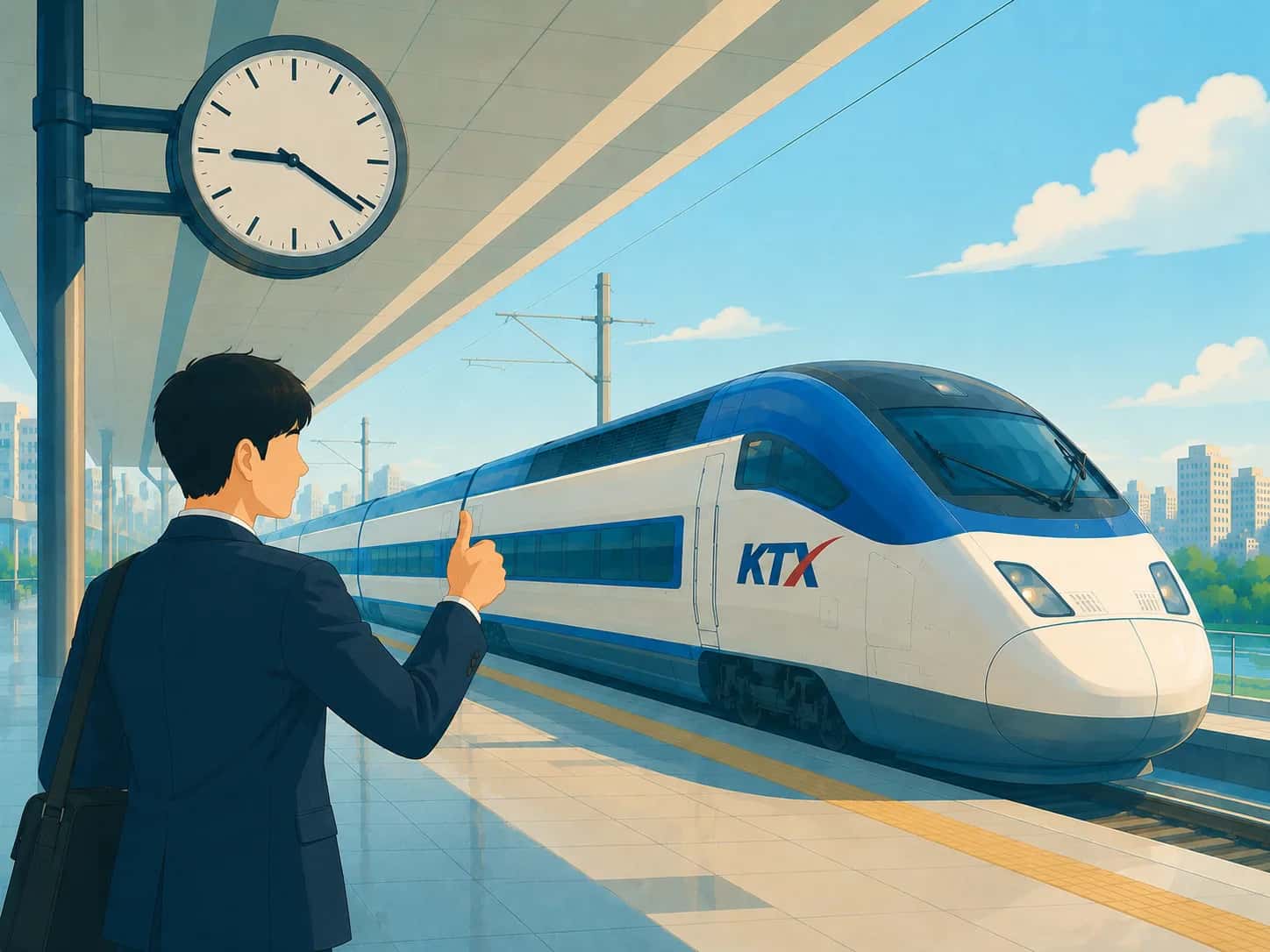 Passenger checking a Korean train station platform clock as a KTX train pulls in on schedule