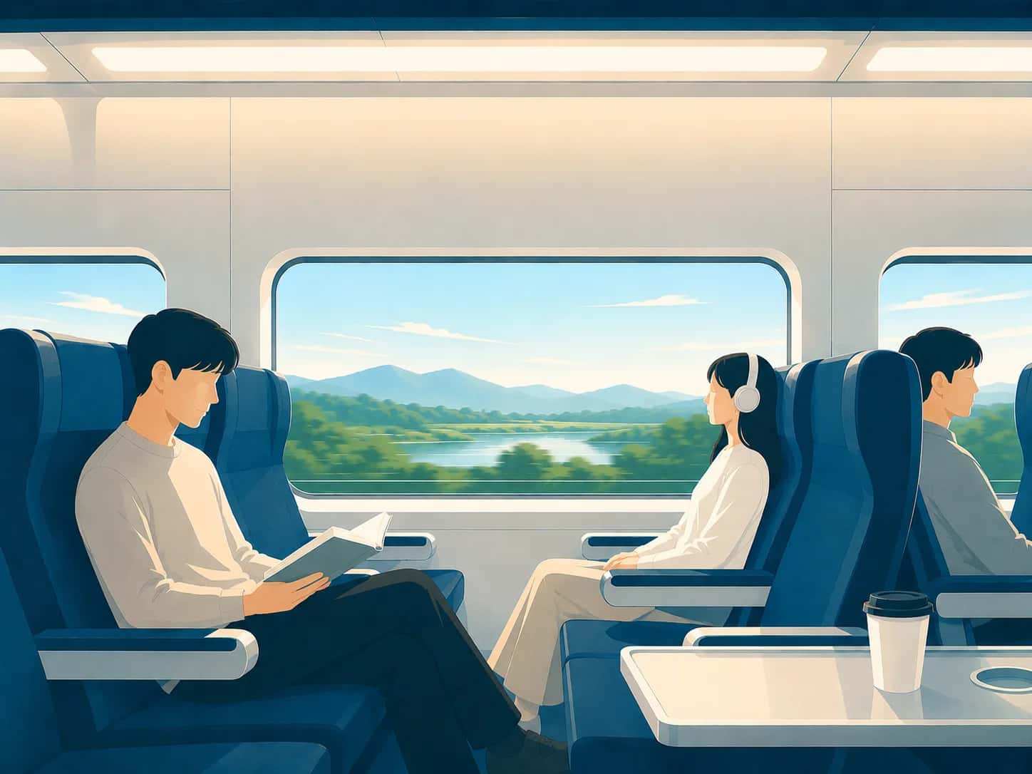 Korean train passengers reading and quietly looking out the window, observing the cultural quiet etiquette on board