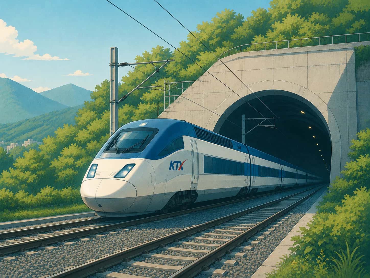 Korean KTX high-speed train emerging from a mountain tunnel on the Busan to Seoul high-speed rail corridor