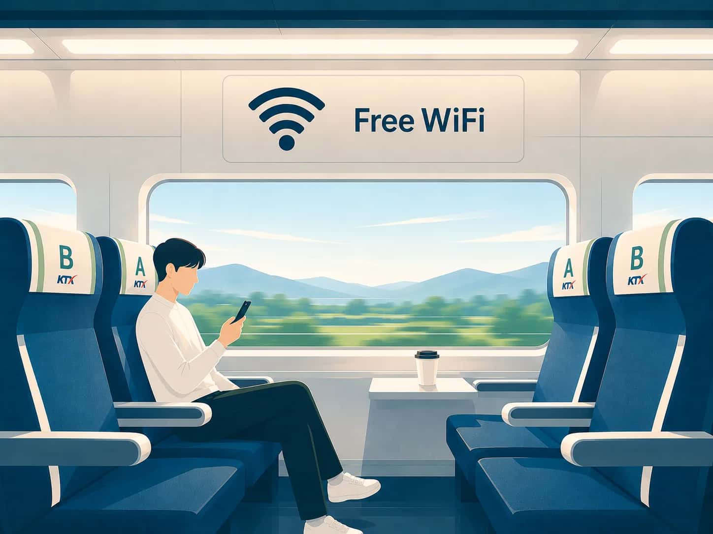 Passenger using free Wi-Fi on a Korean KTX high-speed train with a strong signal indicator overlay