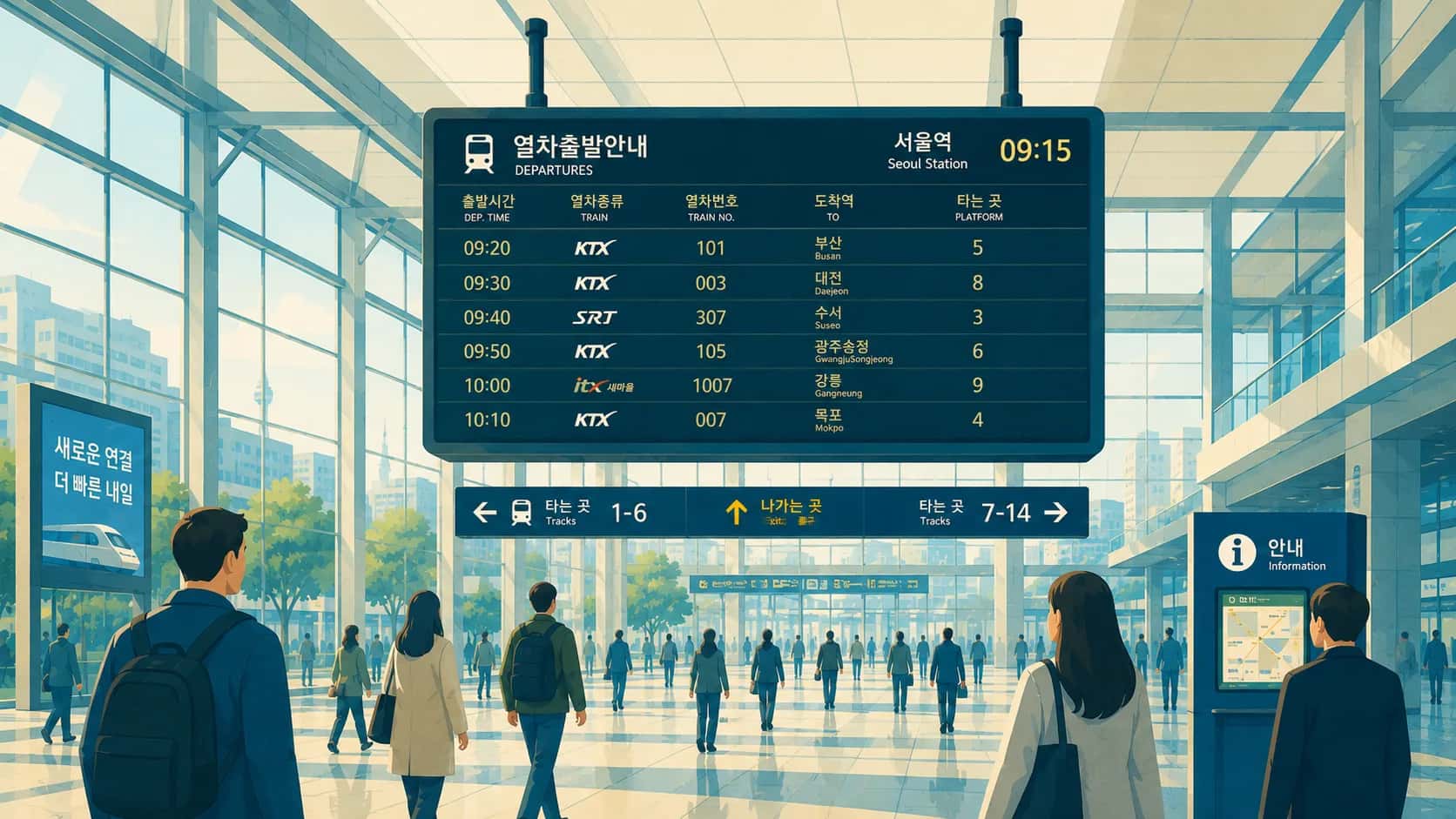 Travelers walking through a Korean train station concourse beneath an electronic departure board showing multiple KTX departures