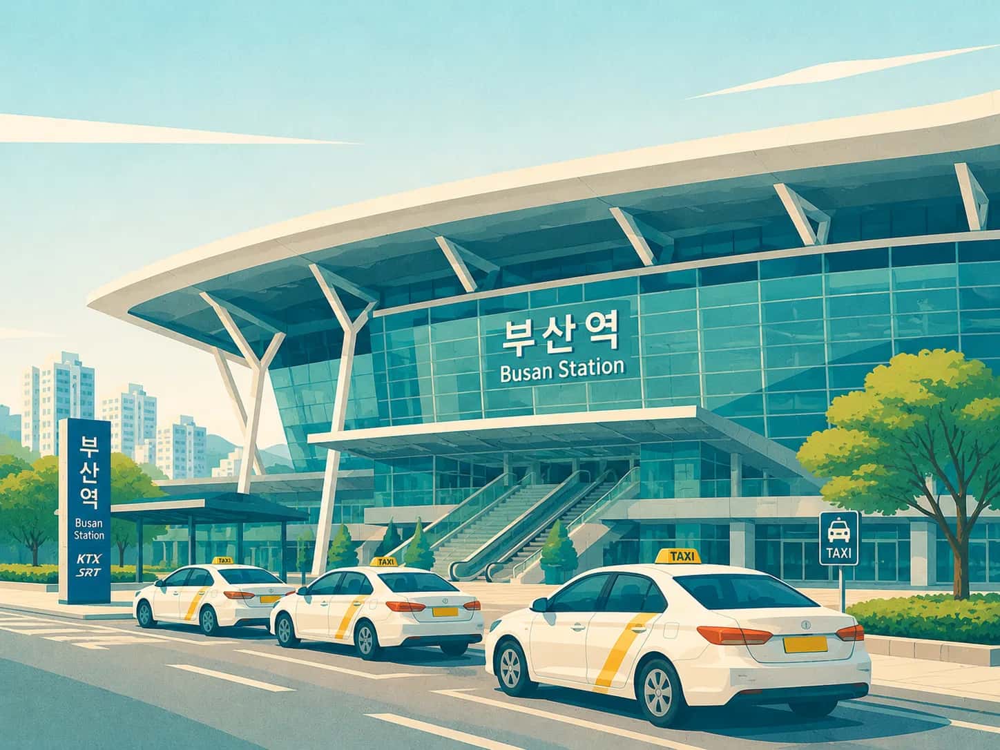 Taxi rank with white Korean taxis lined up directly outside the exit of Busan Station's main entrance