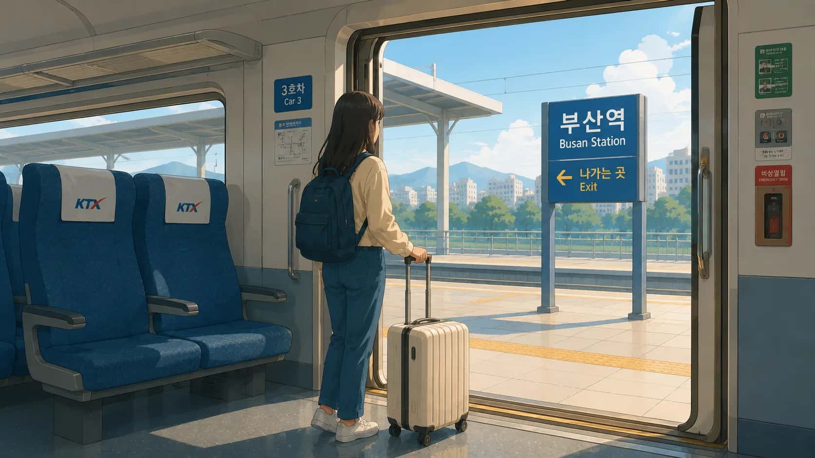 Passenger with a rolling suitcase waiting by a Korean KTX train door for the stop at Busan Station