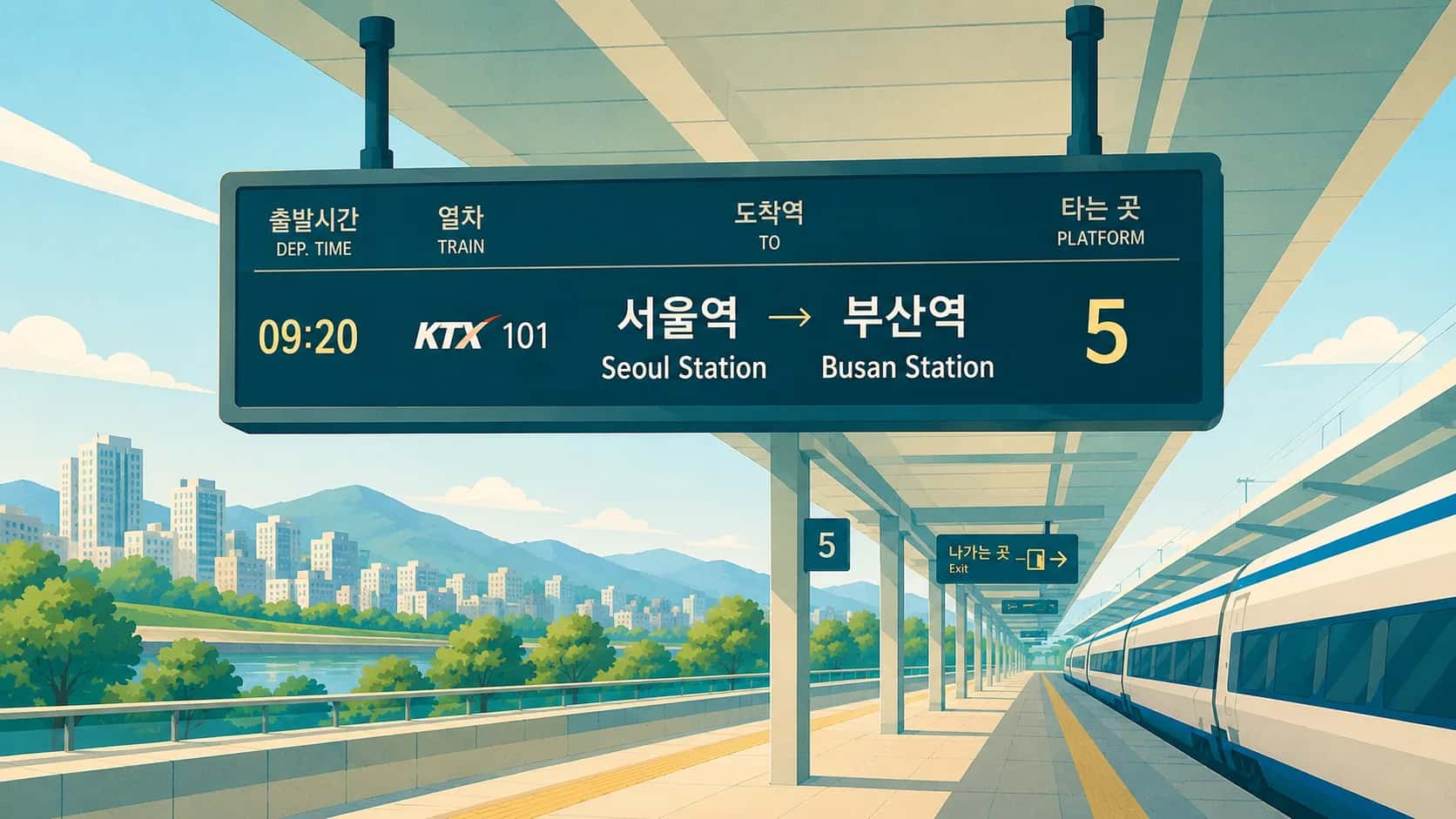 Korean train station departure board showing KTX 101 from Seoul Station to Busan Station on platform 5