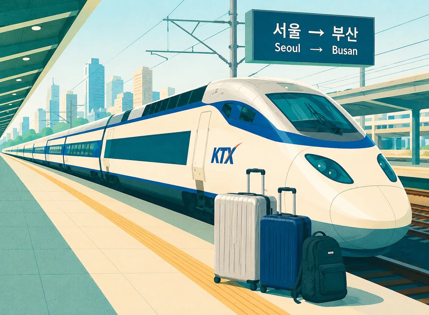 Suitcases and a backpack stacked next to a Korean KTX high-speed train at a Busan - Seoul platform