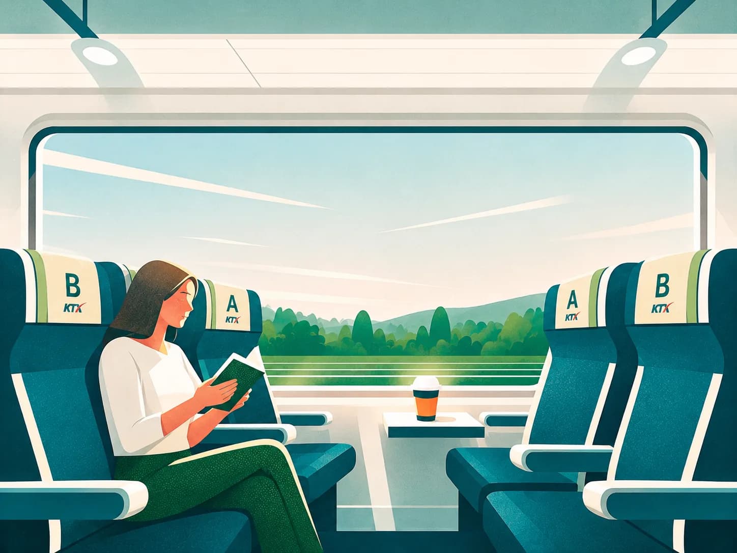 Passenger seated next to a Korean KTX train window with A, B and C, D seats visible across the aisle