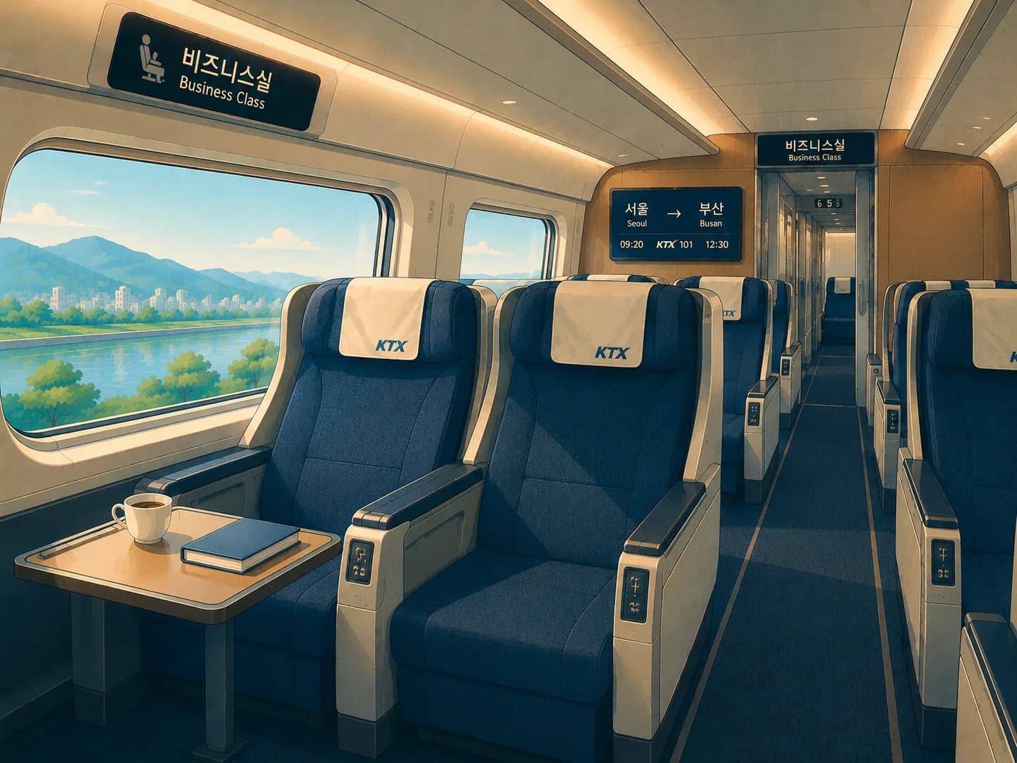 Spacious business class cabin of a Korean KTX train with leather seats and individual side tables