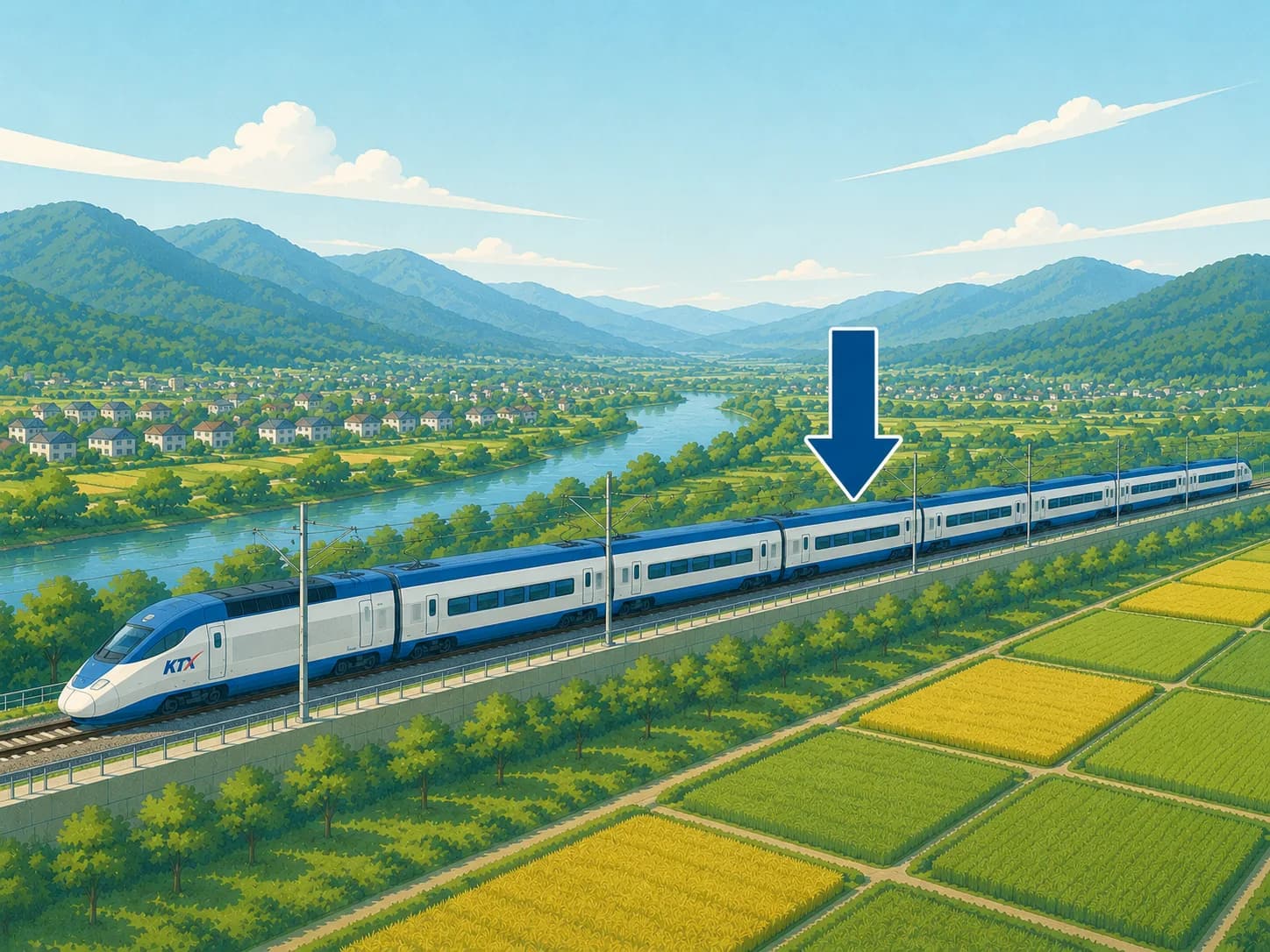 Korean KTX train traveling through a green countryside on a smooth high-speed rail line