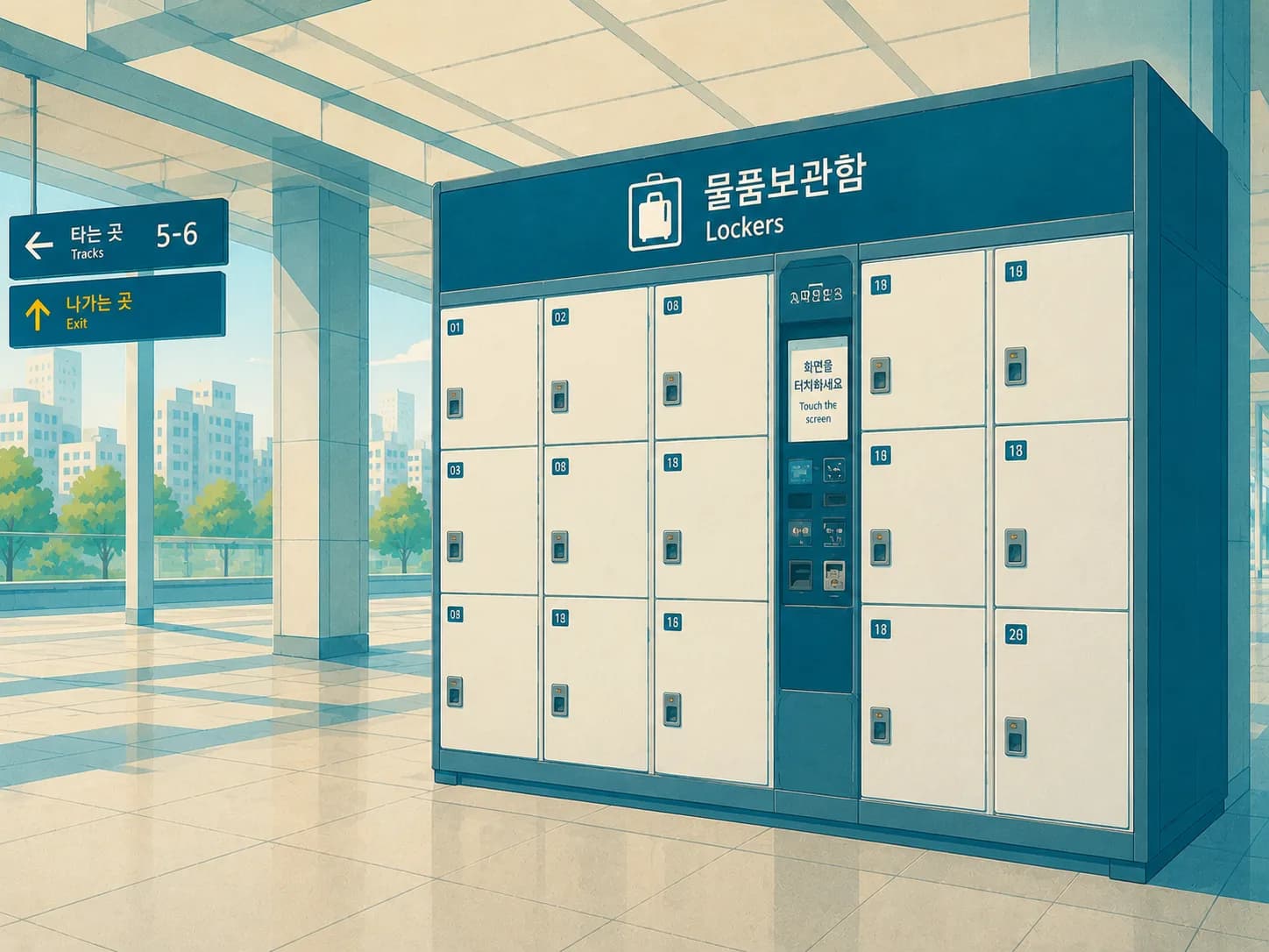 Rows of station luggage lockers at a Korean train station with bilingual Korean and English signage