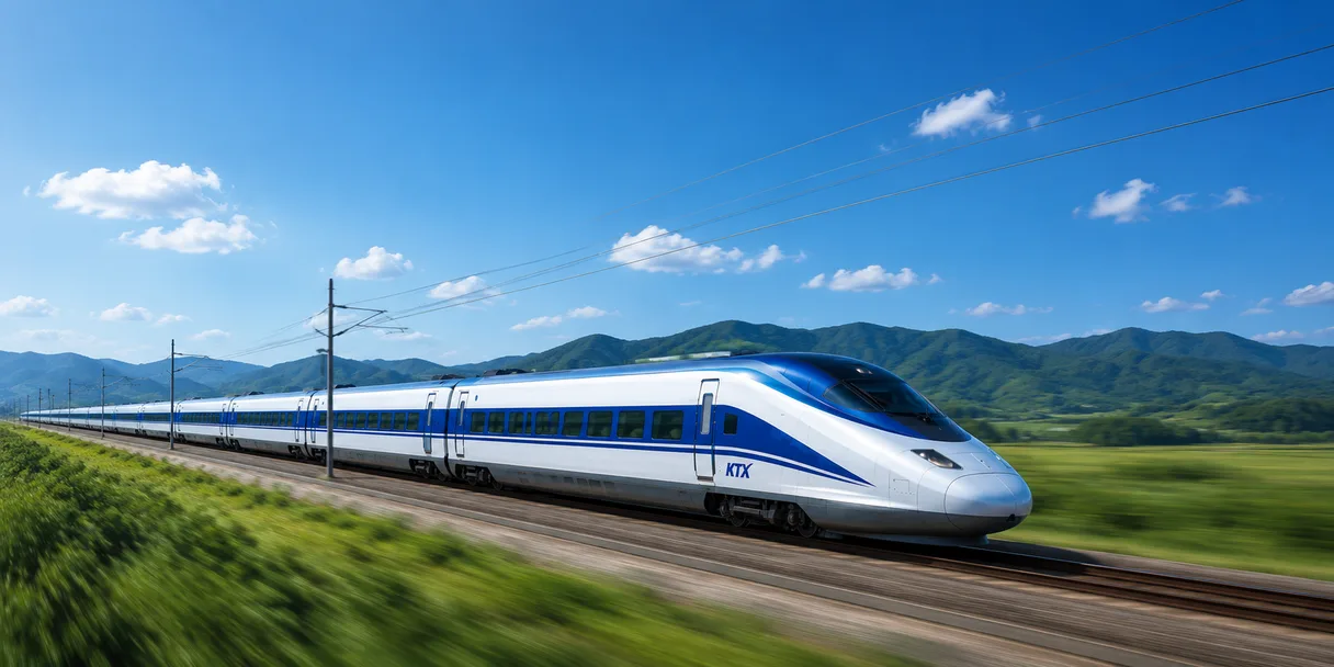 Korean KTX high-speed train traveling through the countryside on a clear day